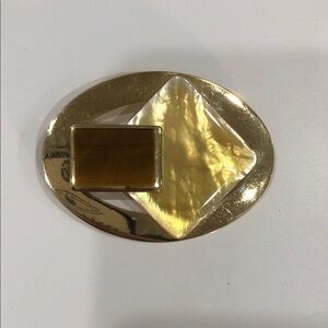 Vintage 80s Gold-tone Brooch w/Tiger's Eye and Mother-of-Pearl details